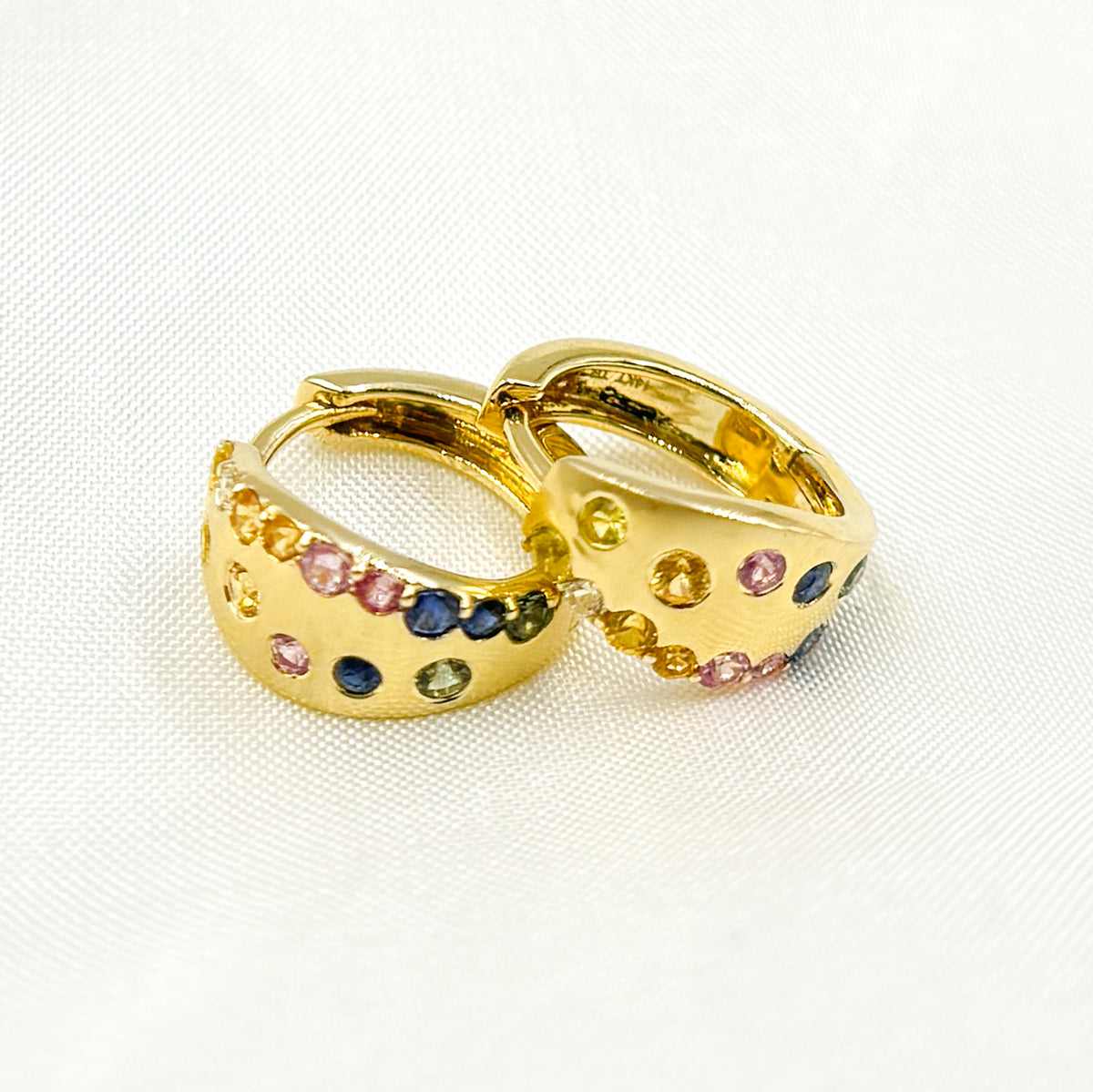 HP402545. 14K Solid Gold Diamond & Multi Sapphire Hoop Earrings