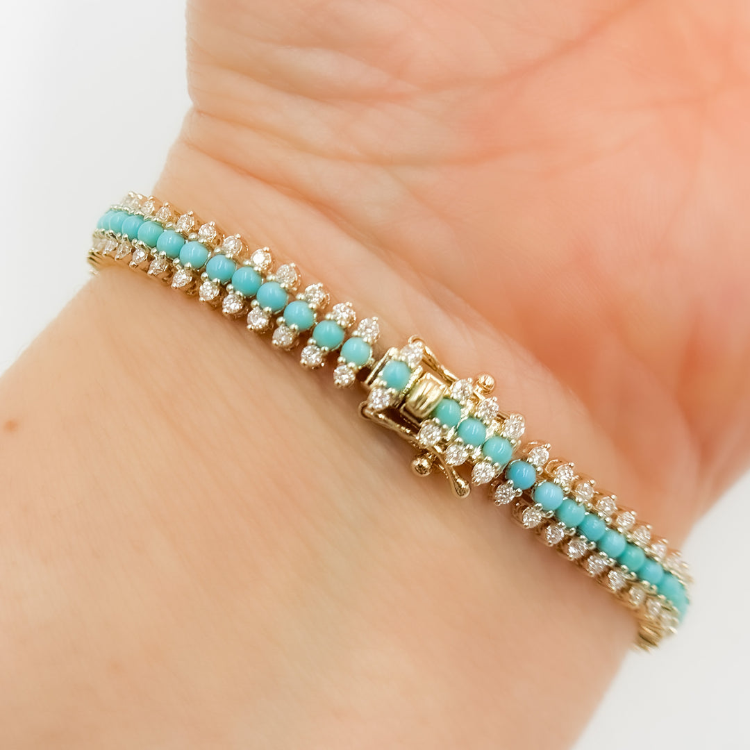BFN60696TQ. 14k Solid Gold Diamond and Turquoise Bracelet