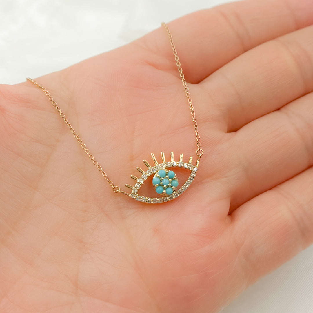 14k Solid Gold Turquoise and Diamond Eye Necklace. NFC71440TQ