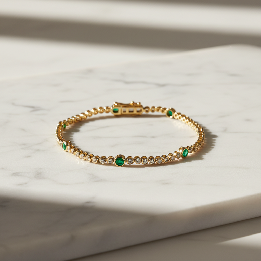 BTL65393EM. 14k Solid Gold Diamond and Gemstone Tennis Bracelet