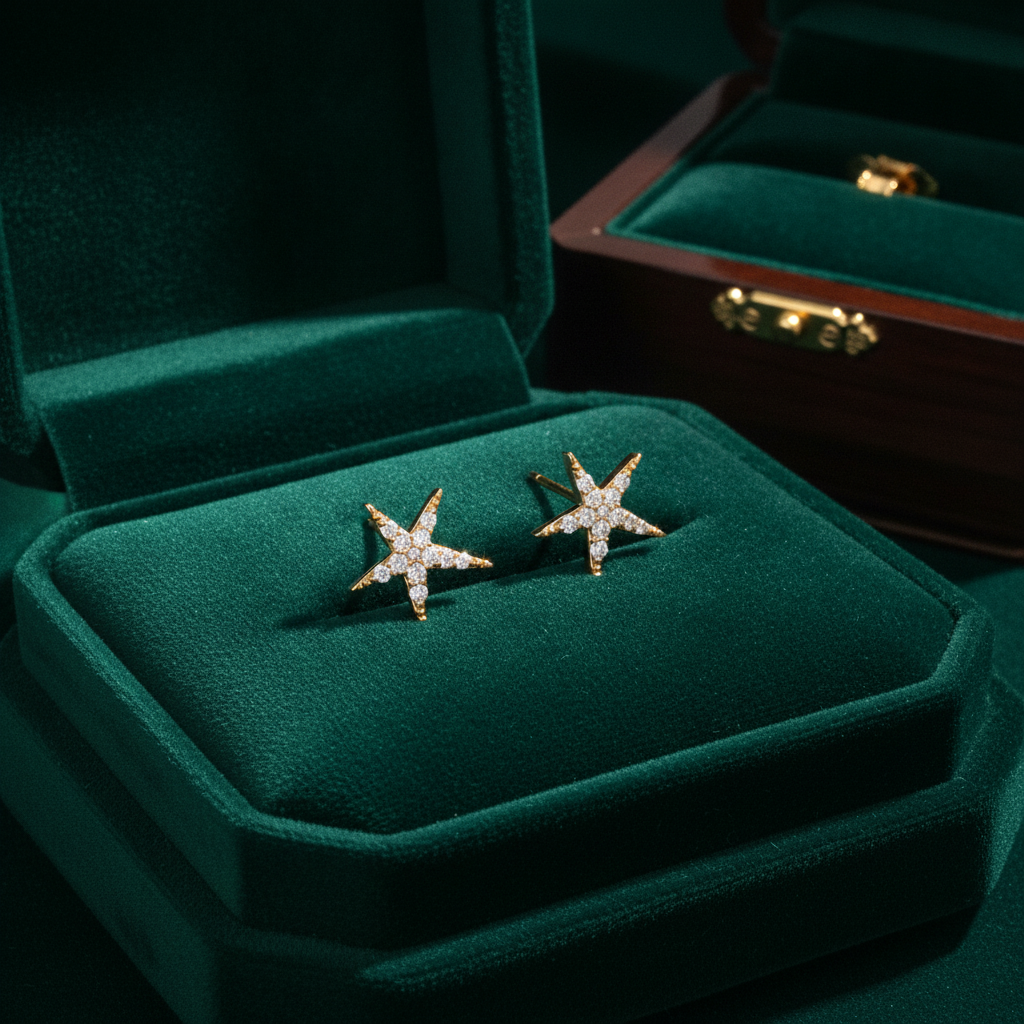 EFD54158. 14k Solid Gold Diamond Stars Stud Earrings