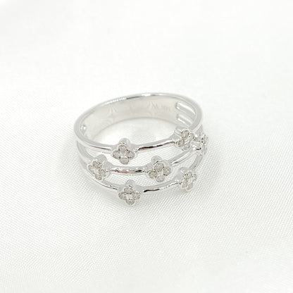 14K Solid White Gold Diamond 3 Row Flower Ring.