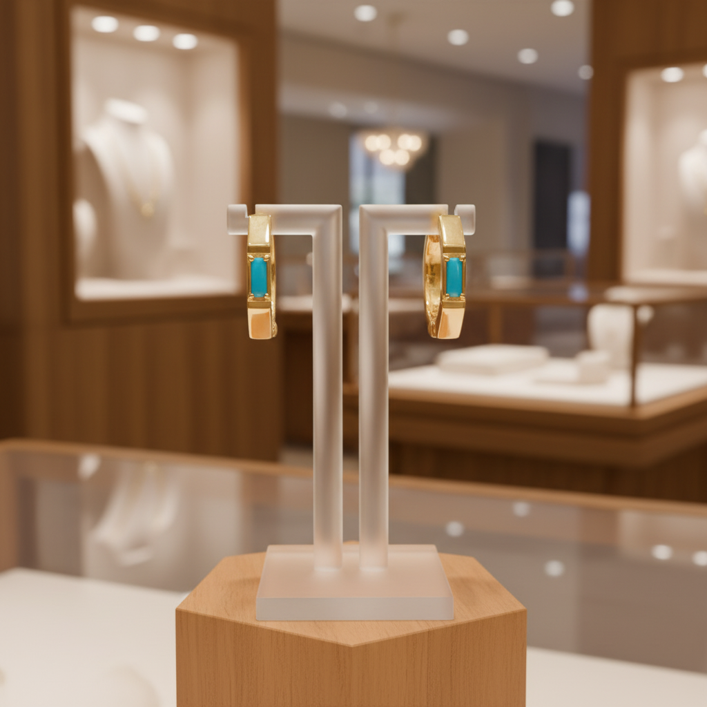 EHZ57587TQ. 14K Solid Gold Octagon Hoop Earrings with Turquoise