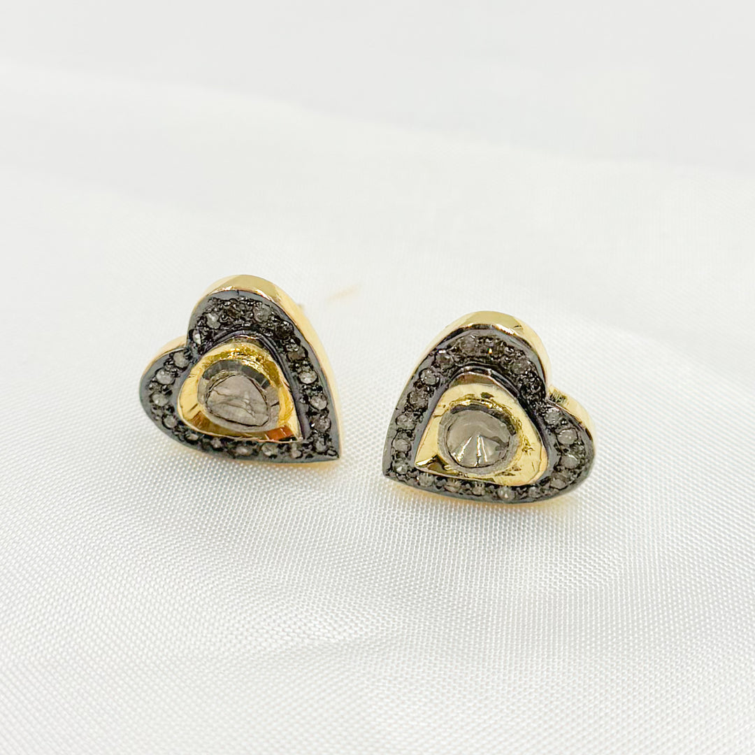 DE060. Diamond and Polki Diamond Sterling Silver Heart Studs