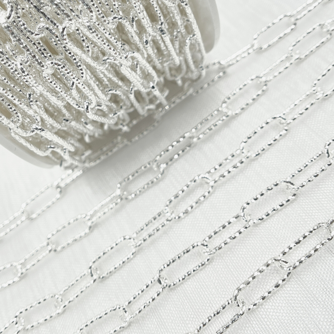 V10SS. 925 Sterling Silver Paperclip Diamond Cut Link Chain