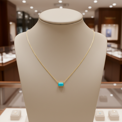 NT410755. 14K Solid Gold Rectangular Gemstone Fancy Tiny Necklace