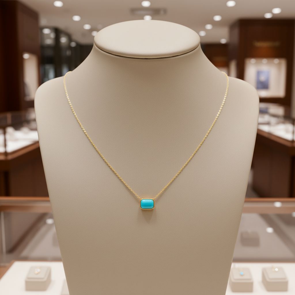 NT410755. 14K Solid Gold Rectangular Turquoise Fancy Tiny Necklace