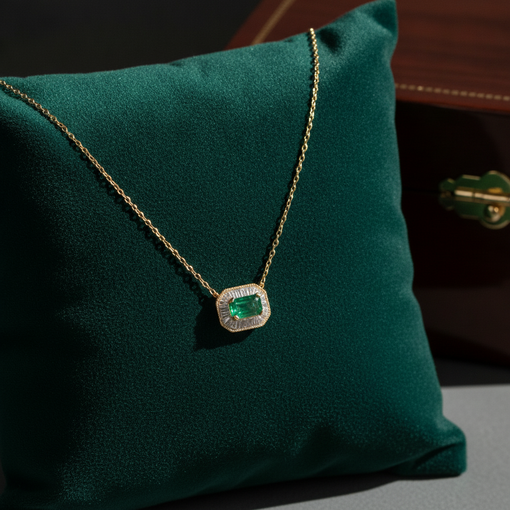 NT407154. 14K Solid Gold Octagon Emerald Fancy Tiny Necklace