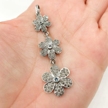 DP216. Diamond Sterling Silver 3 Flower Long Pendant with Gemstone.