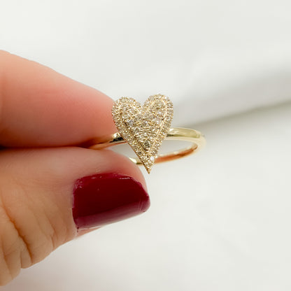 14K Solid Yellow Gold Diamond Heart Ring.