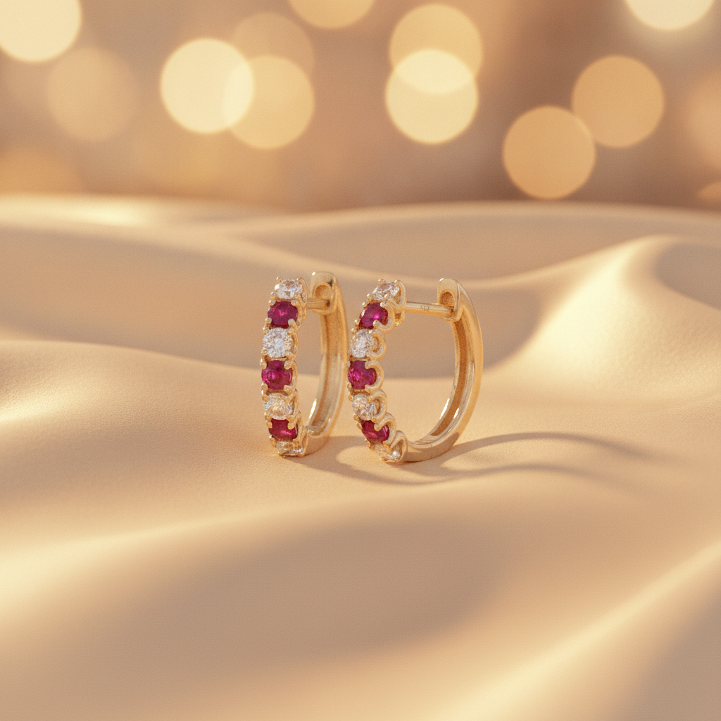 EHE57608. 14K Solid Gold Diamond and Gemstone Huggies