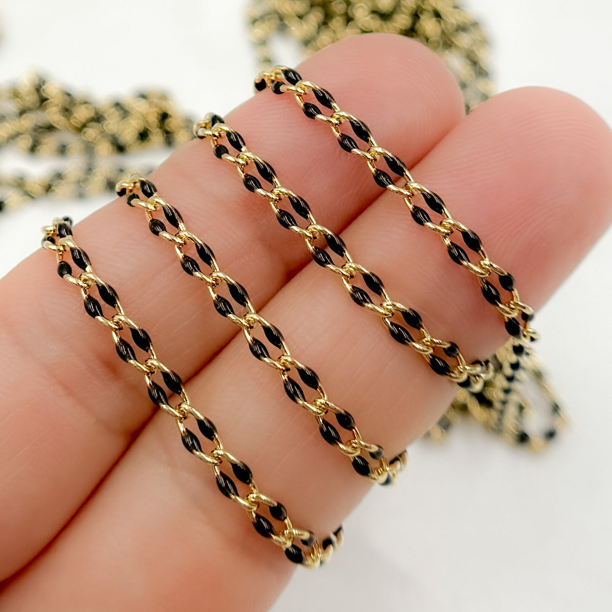 925 Sterling Silver Gold Plated Black Enamel Cable Link Chains