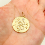 Load image into Gallery viewer, 14K Solid Gold Diamond Circle Charm with Snake and Stars in the Center. GDP163
