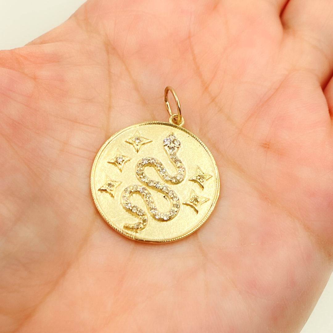 14K Solid Gold Diamond Circle Charm with Snake and Stars in the Center. GDP163