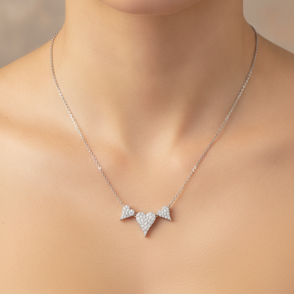 NT402973. 14K Solid Gold 3 Hearts Dainty Tiny Necklace