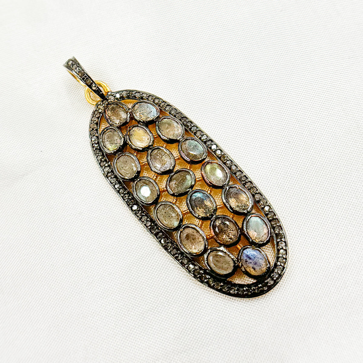 DSP054. Diamond Silver Long Oval Gemstone Pendant
