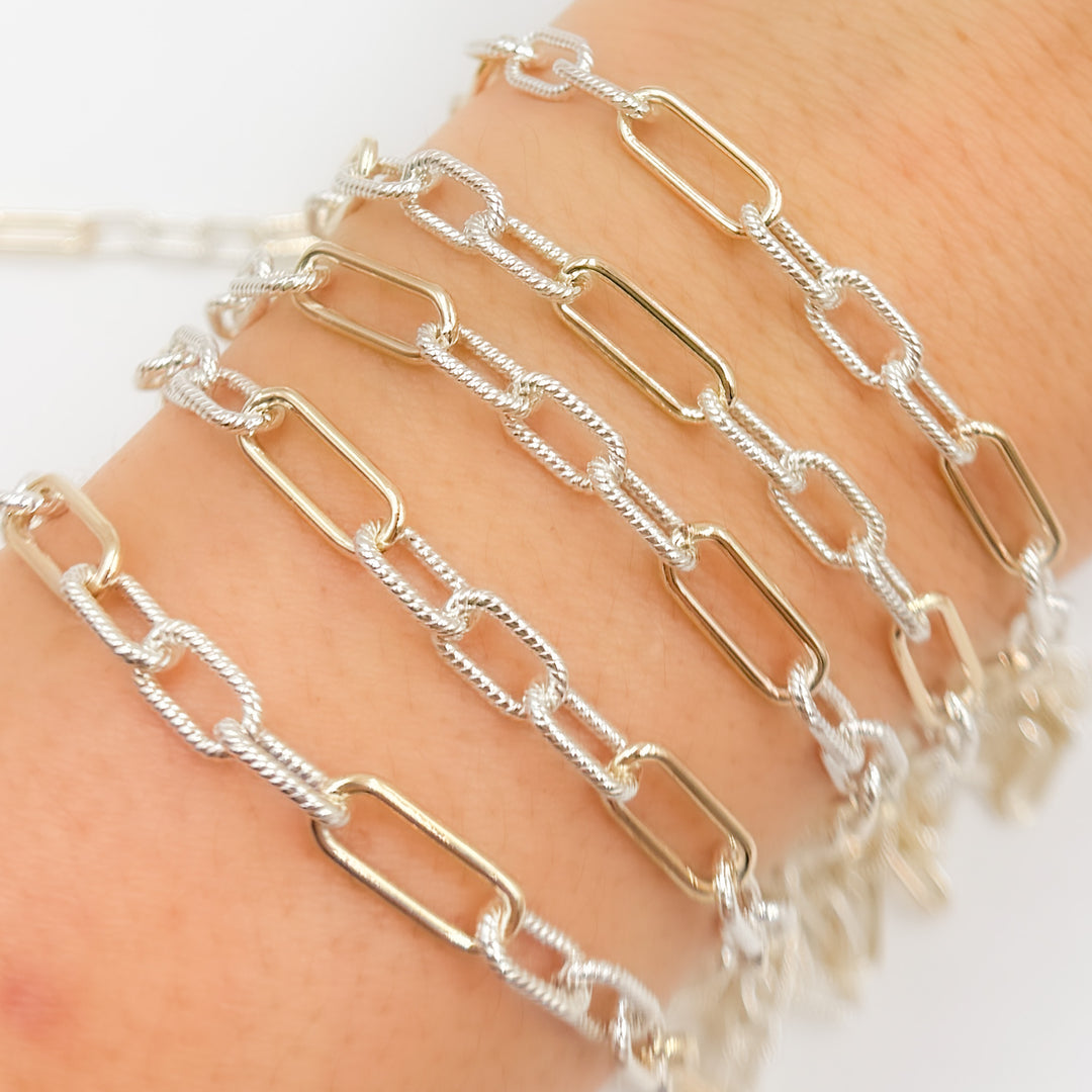 V307TT. Gold Filled  and Silver Mixed Link Chain – Smooth Long Links and Twisted Short Links