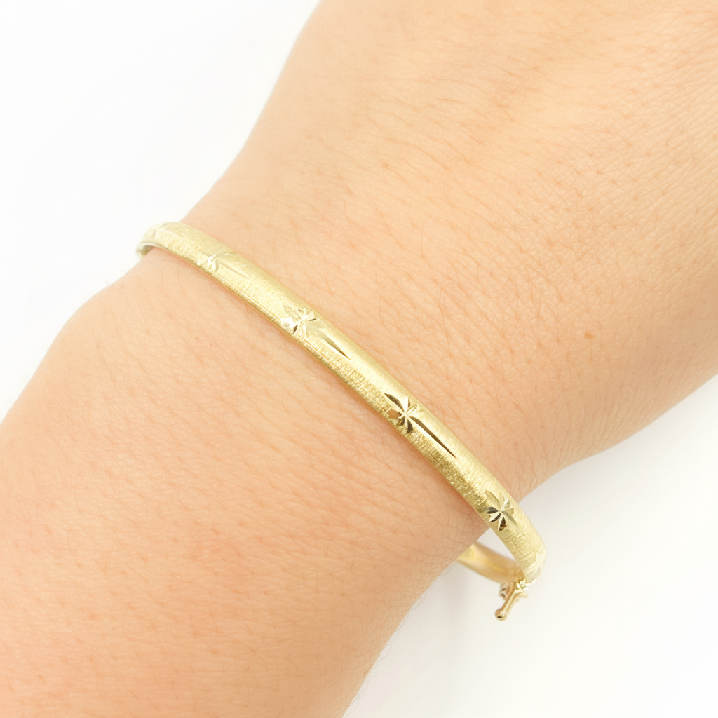 Bangle15. 14K Solid Gold Matte Star Textured Bangle