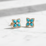 Load image into Gallery viewer, CE97451TQ4X3. 14K Solid Yellow Gold Diamond and Turquoise Flower Stud Earring