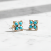 CE97451TQ4X3. 14K Solid Yellow Gold Diamond and Turquoise Flower Stud Earring