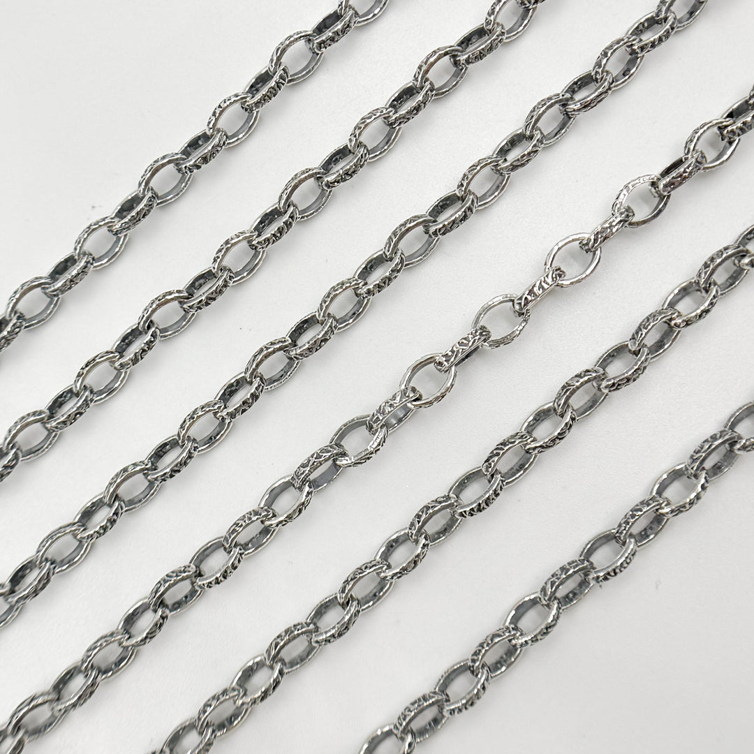 V63OX. Oxidized Sterling Silver Textured Oval Link Chain