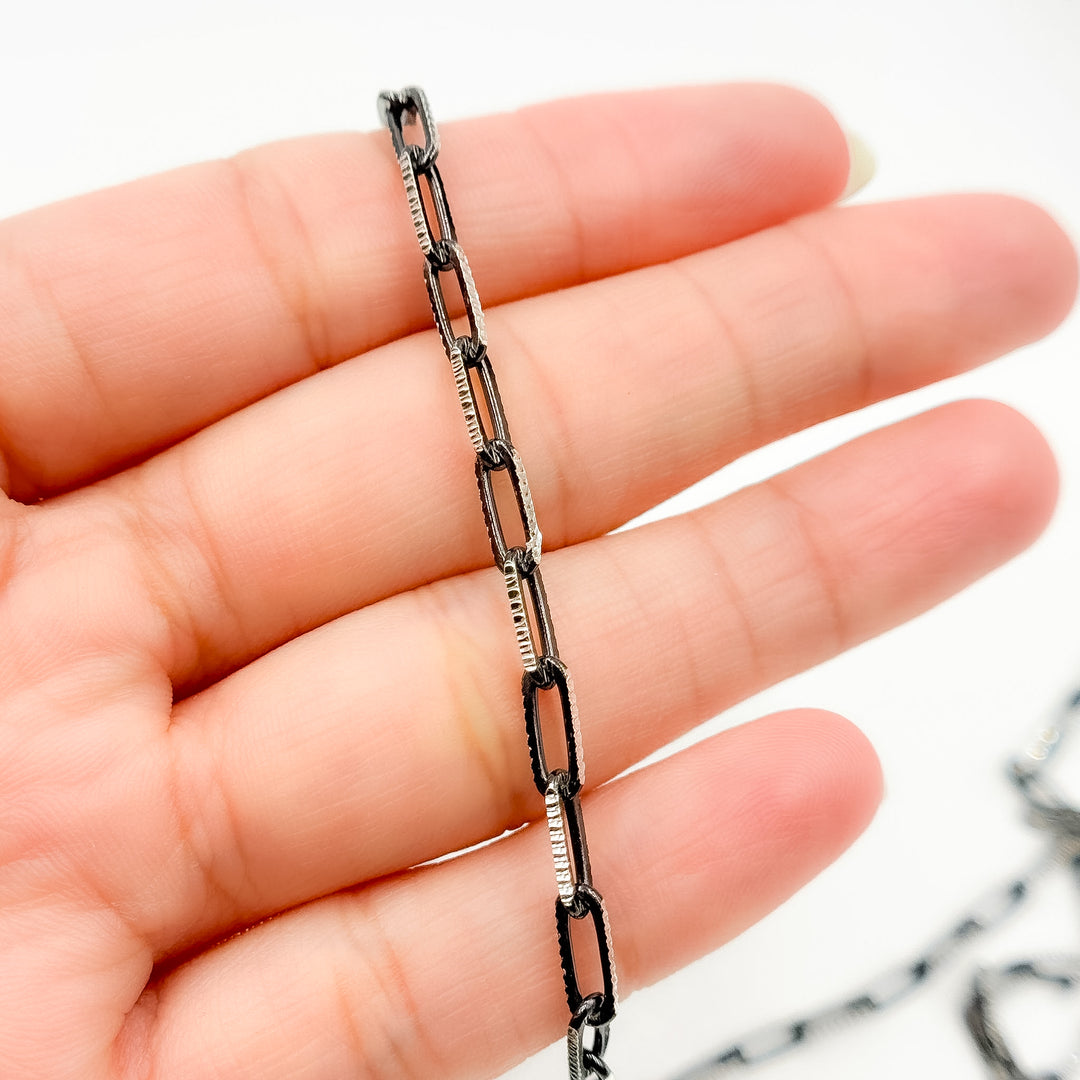 Z113SB. Two Tone Sterling Silver and Black Rhodium Paperclip Textured Chain