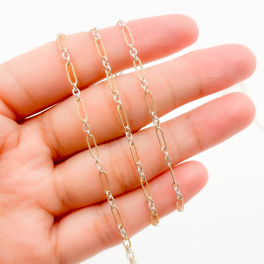 XM/1931K/SP. 14K Gold Filled and Sterling Silver Knurled Link Chain – Long & Short Pattern