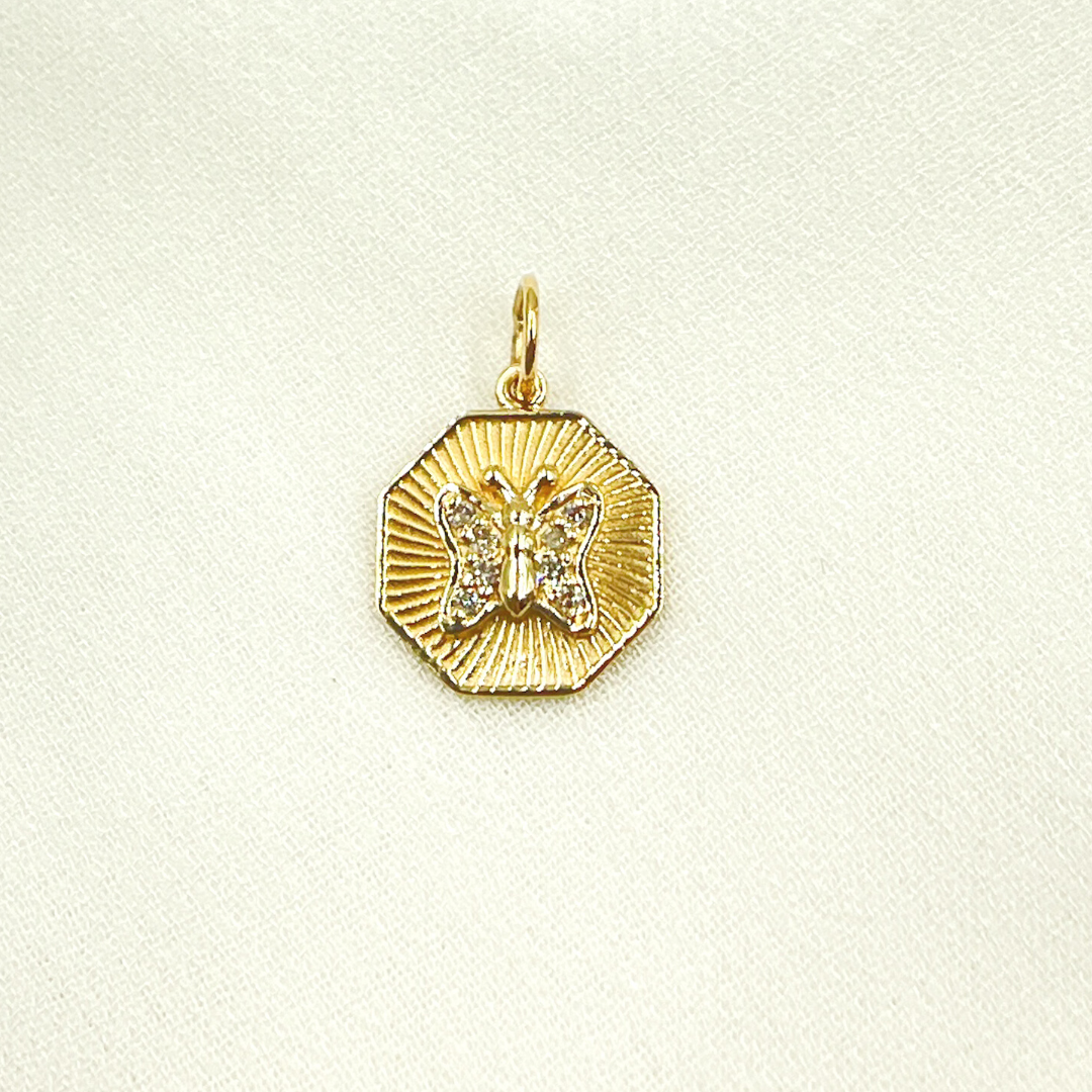 14K Solid Gold Charm. Hexagon Pendant with Diamonds. GDP357