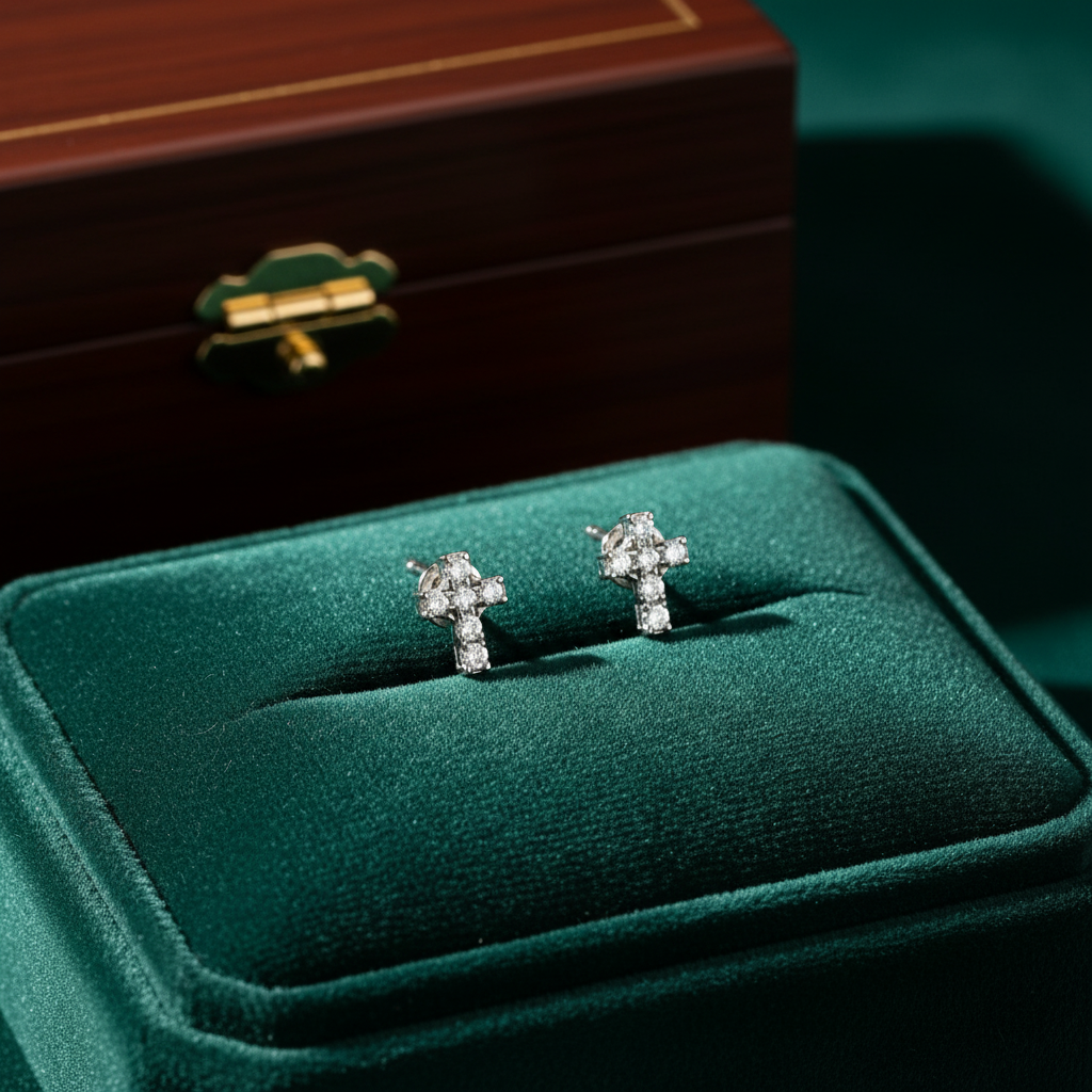 ER427136. 14k Solid Gold Diamond and Gemstone Cross Stud Earrings