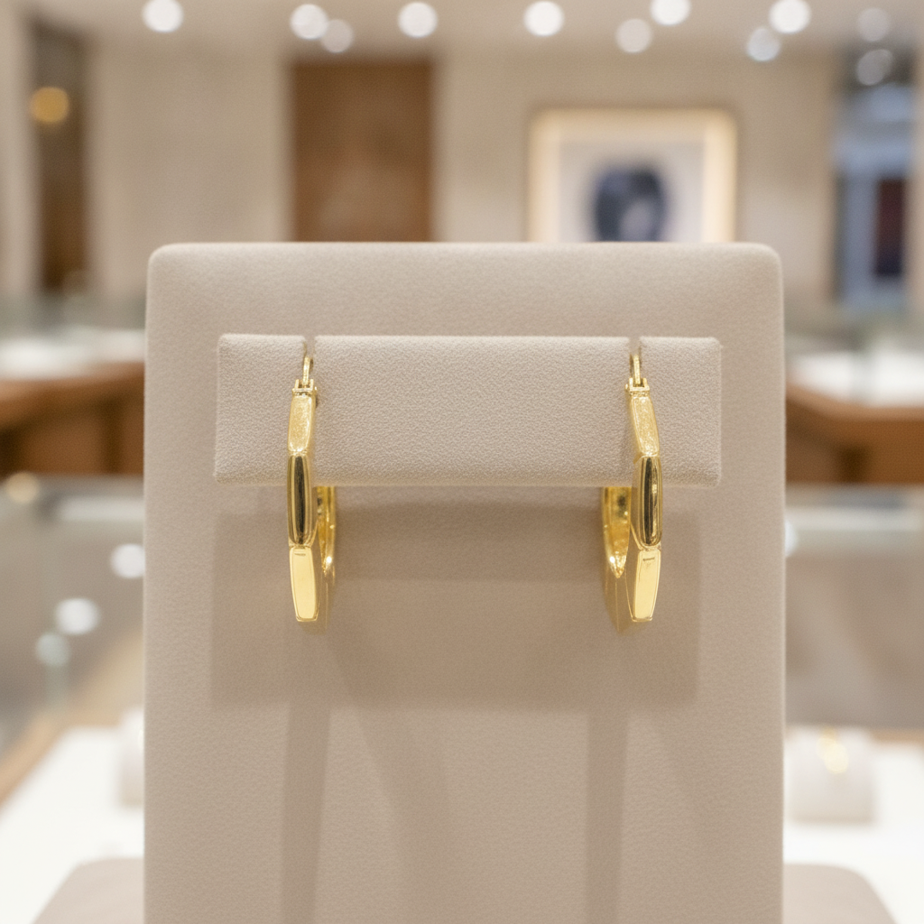 GER135. 14K Gold Hexagon Hollow Hoop Earrings
