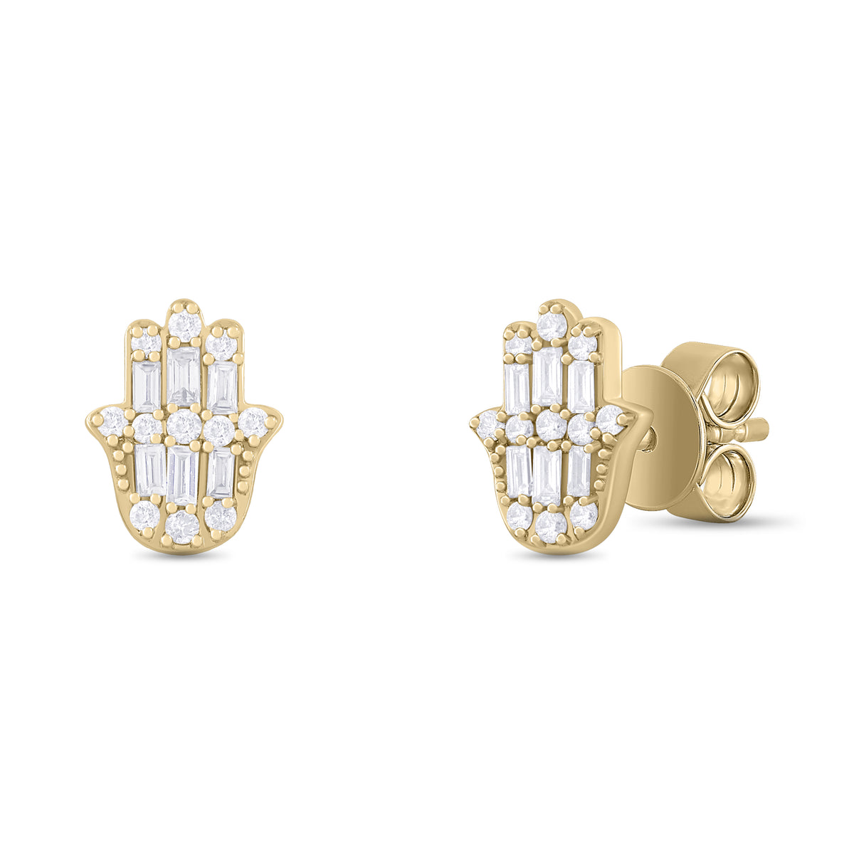 EFC54276. 14K Solid Gold Diamond Hamsa Hand Studs