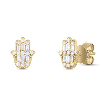 EFC54276. 14K Solid Gold Diamond Hamsa Hand Studs