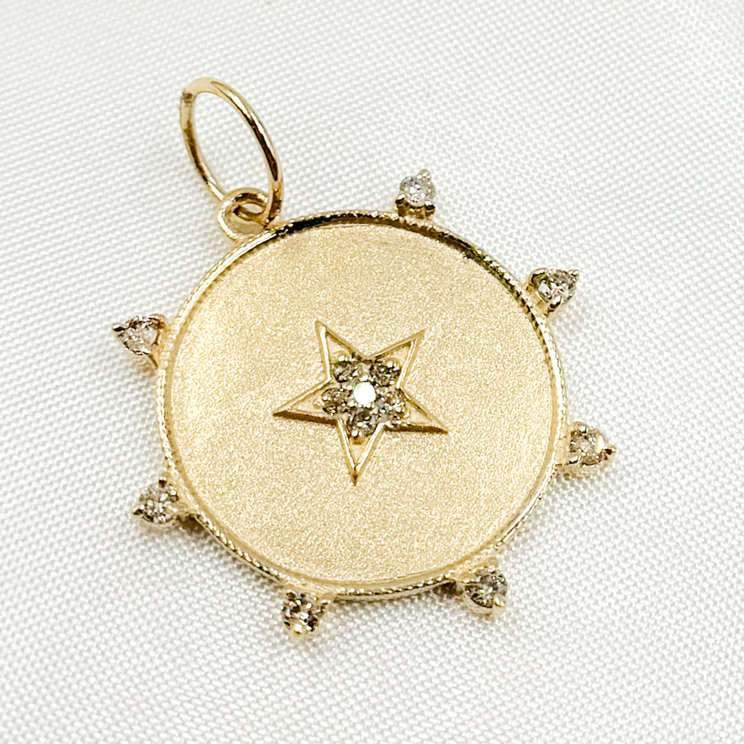 GDP194. 14K Solid Gold Diamond Round Star Charm