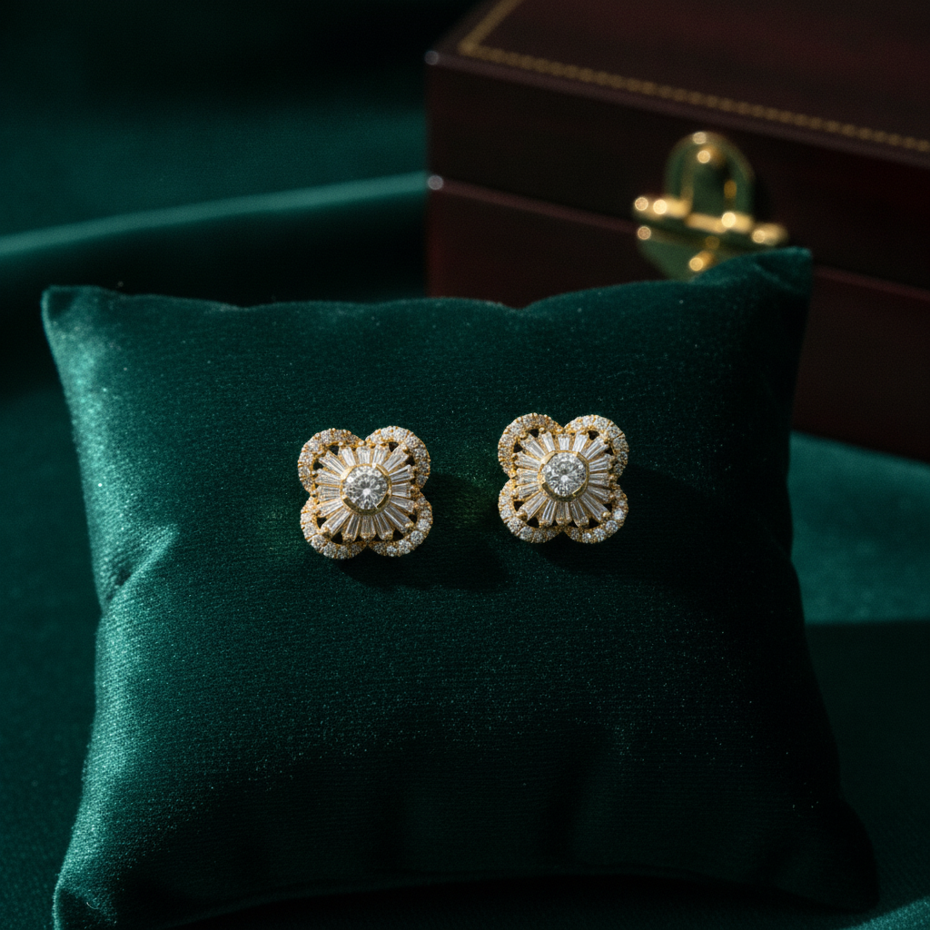 EFI51229. 14k Solid Yellow Gold Diamond Flower Studs
