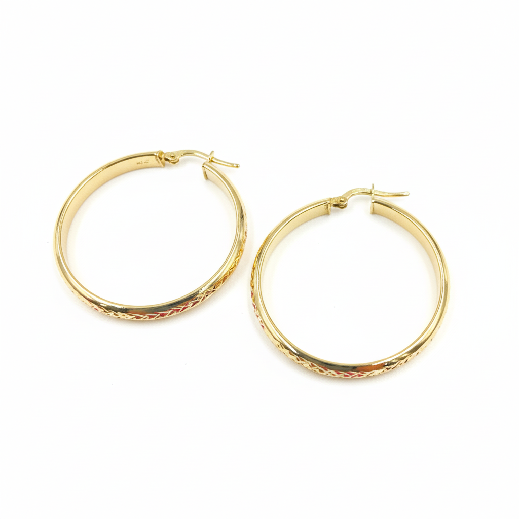 GER160. 14K Solid Gold Hollow Diamond Cut Hollow Hoop Earrings