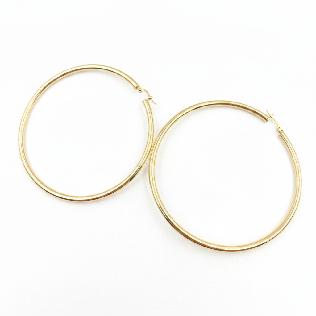 GER167. 14K Solid Gold Hollow Smooth Hoop