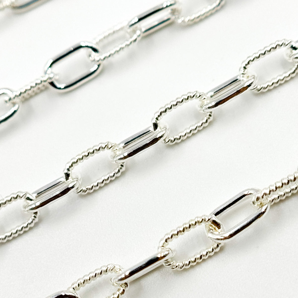925 Sterling Silver Elongated Twisted and Plain Cable Link Chain