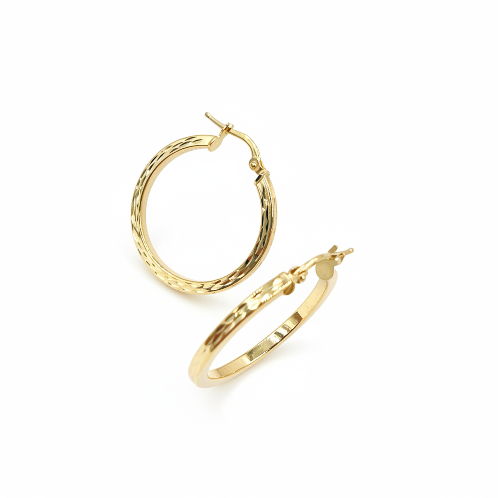 GER161. 14K Solid Gold Hollow Flat Diamond Cut Hoop