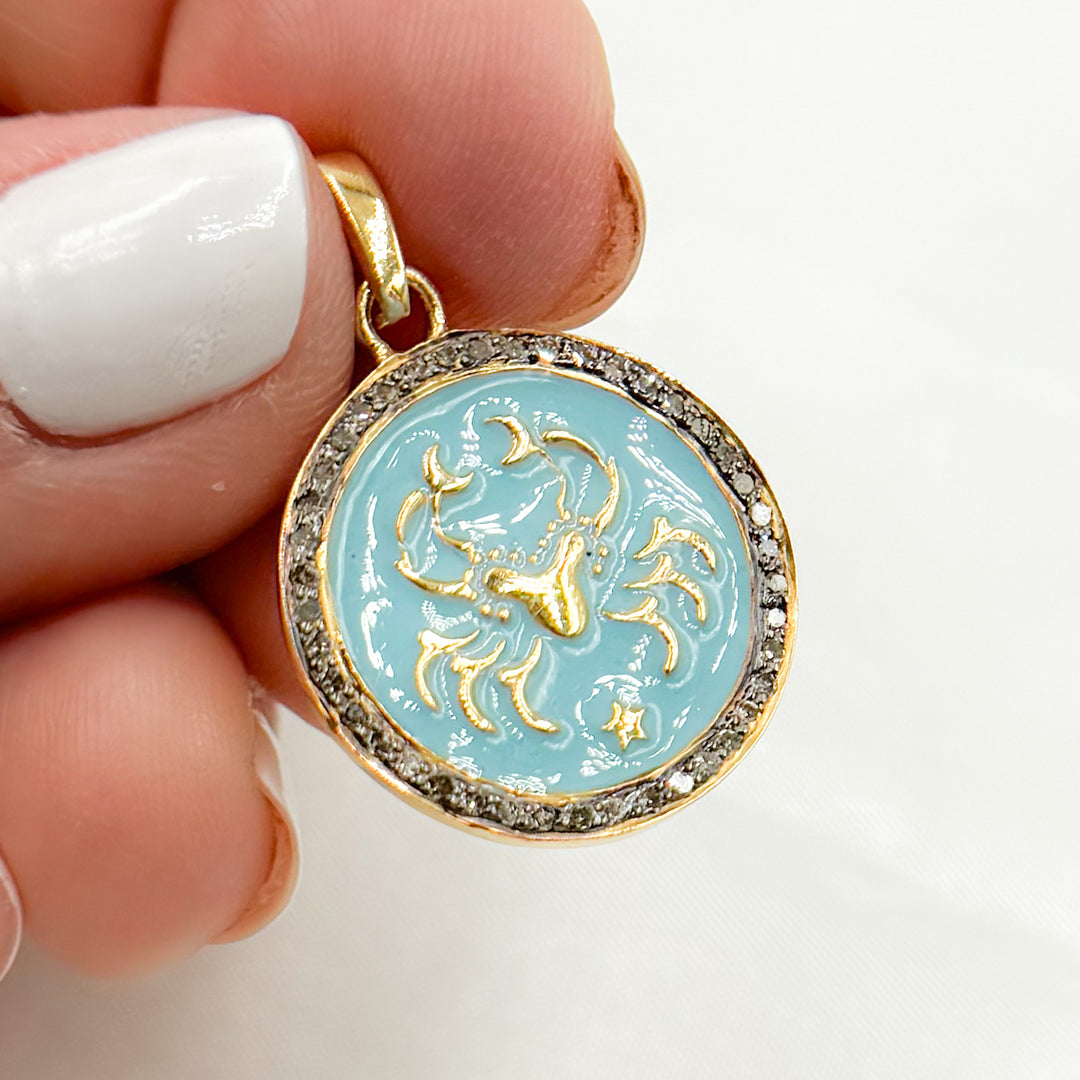 DP609A. Diamond Sterling Silver Round Cancer Zodiac Enamel Pendant