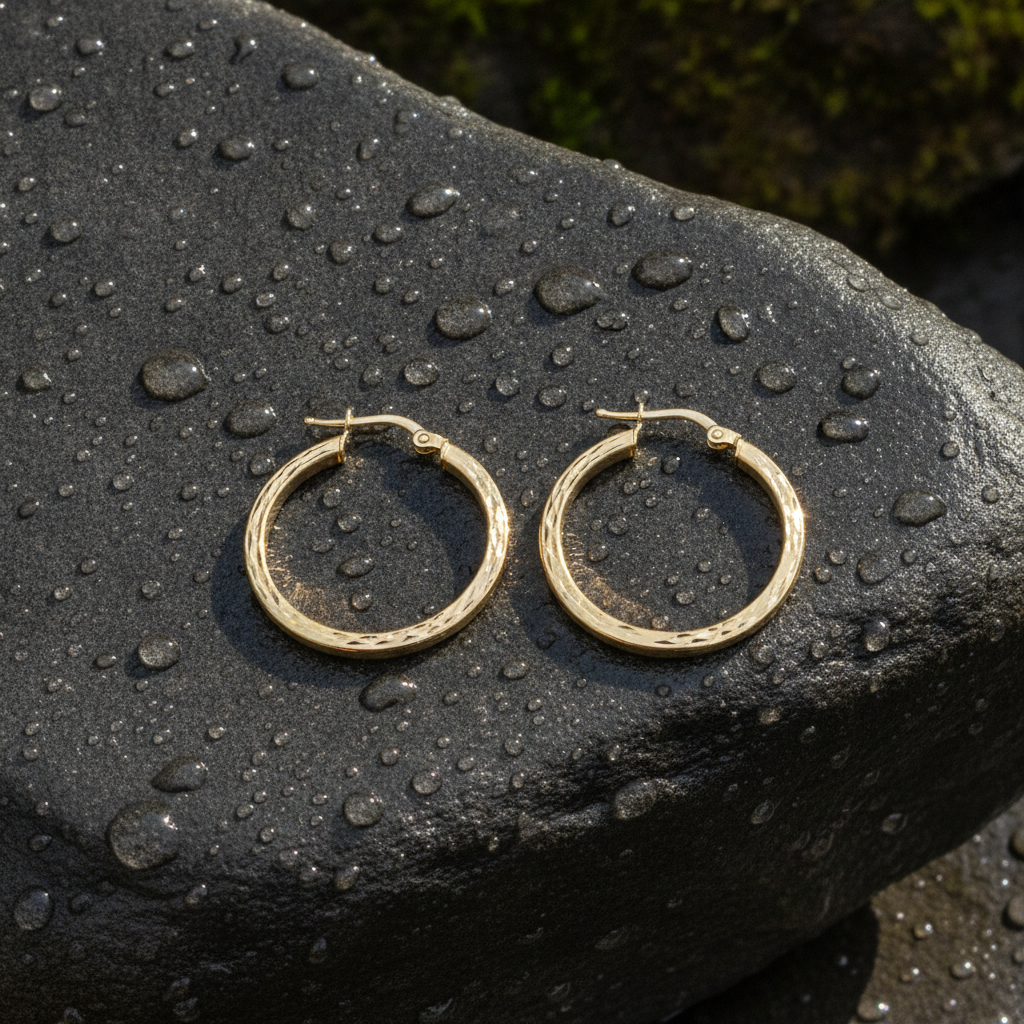 GER161. 14K Solid Gold Hollow Flat Diamond Cut Hoop