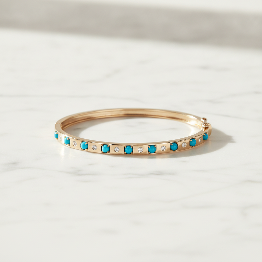 BNE68710. 14K Solid Gold Diamond & Gemstone Bangle