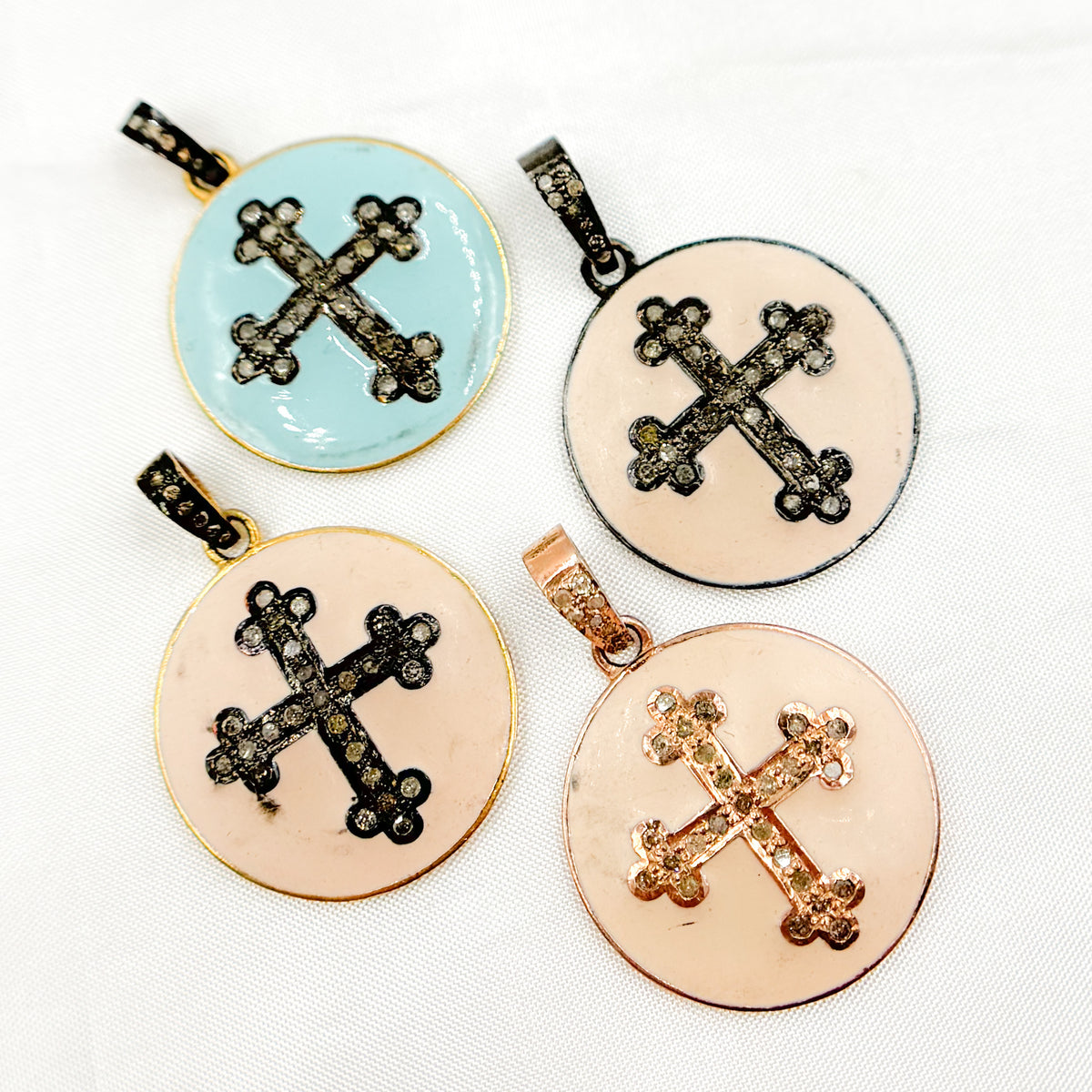 Diamond Sterling Silver Round Cross Enamel Pendant