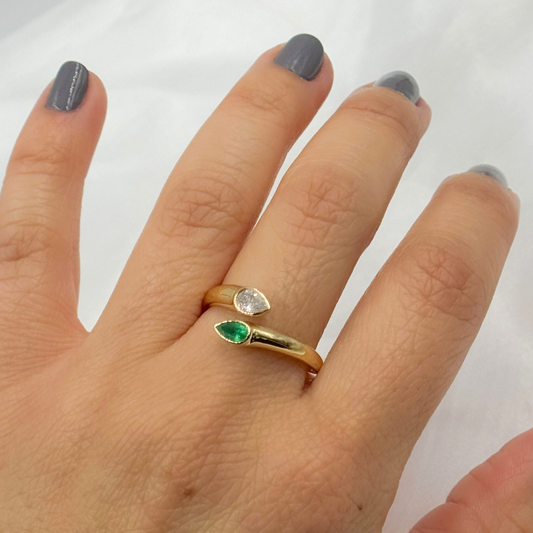 14k Solid Gold Emerald and Diamond Drops Ring.
