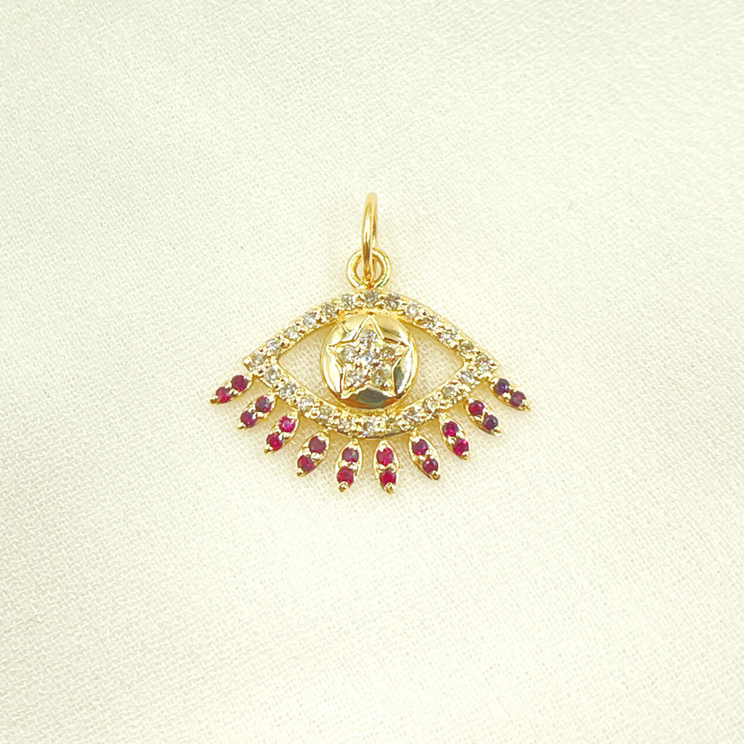 14K Solid Gold Evil Eye Pendant with Diamonds & Stone. GDP367