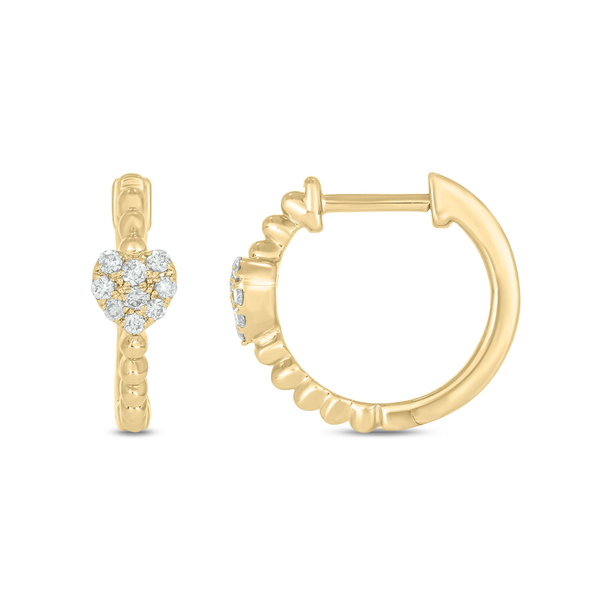 EHB57034. 14k Solid Gold Diamond Heart and Beads Hoops