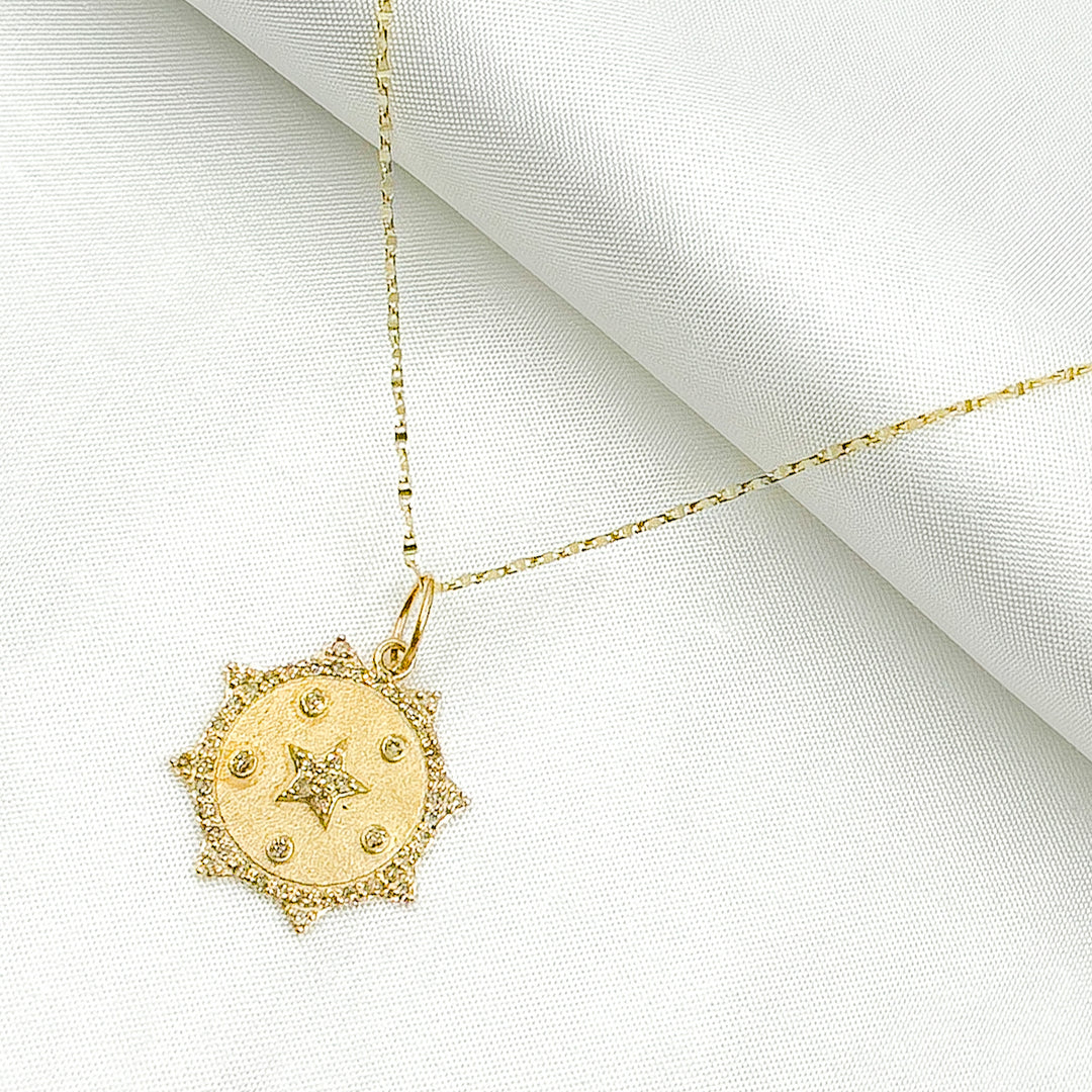 14K Solid Gold Diamond Sun Shape Charm with Star in the Center in Gemstones. GDP547