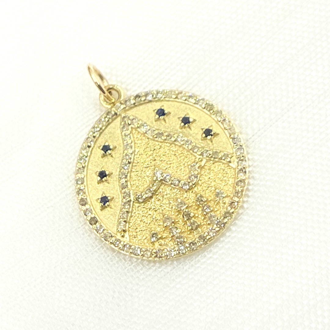 14K Solid Gold Diamond & Gemstone Circle Charm with Mountain. GDP423