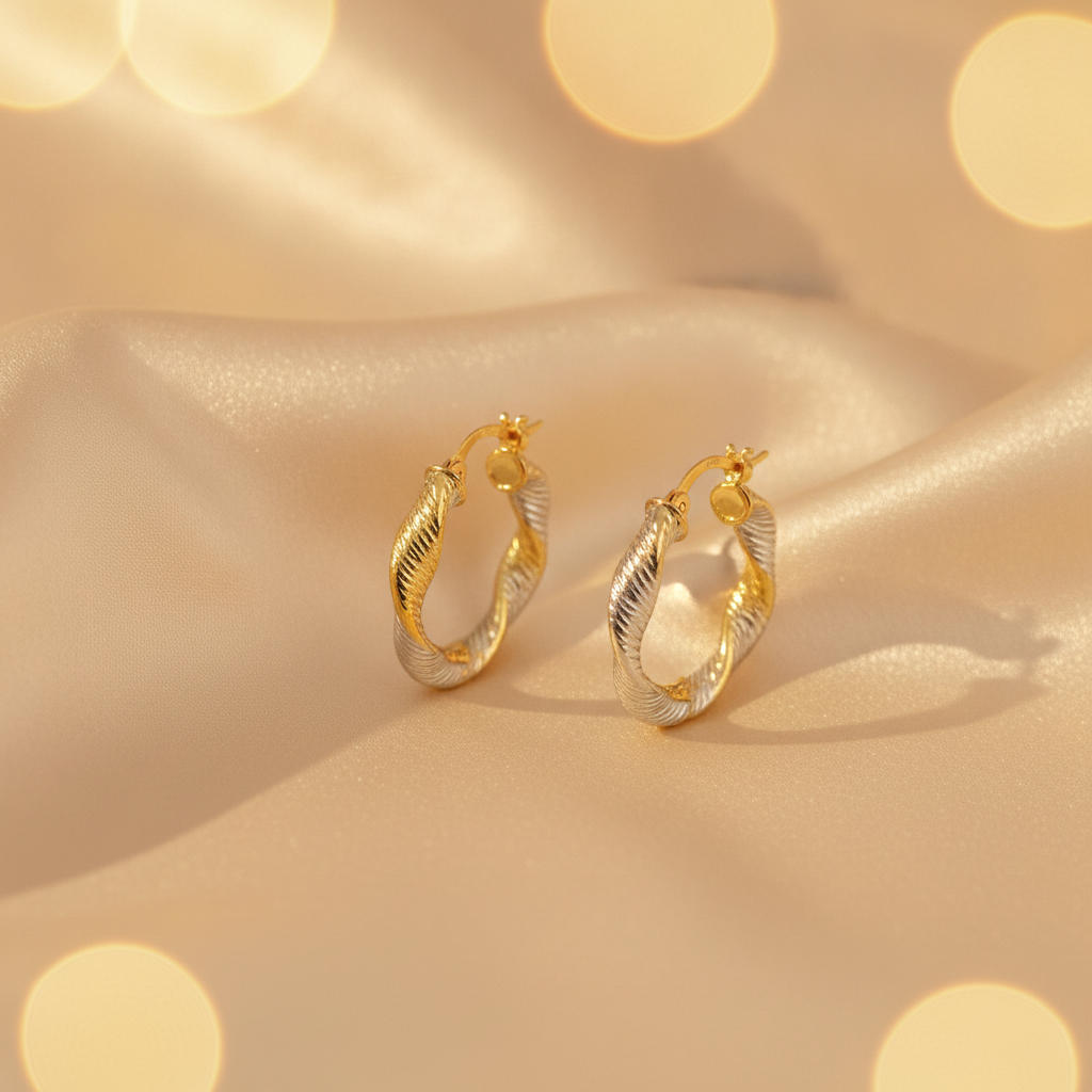 GER32. 14K Solid Gold Twist Round Classic Hollow Hoop Earrings