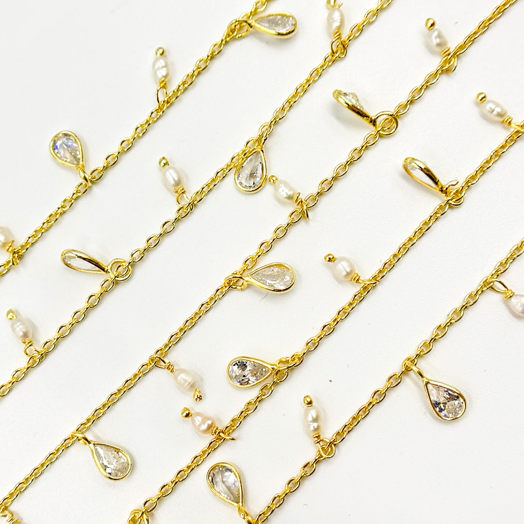 Gold Plated Pearl & CZ Dangle Wire Chain
