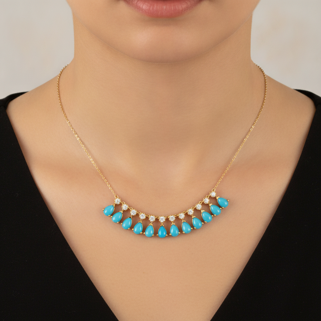 CN97255TQ6X4. 18K Solid Gold Diamond and Turquoise Necklace